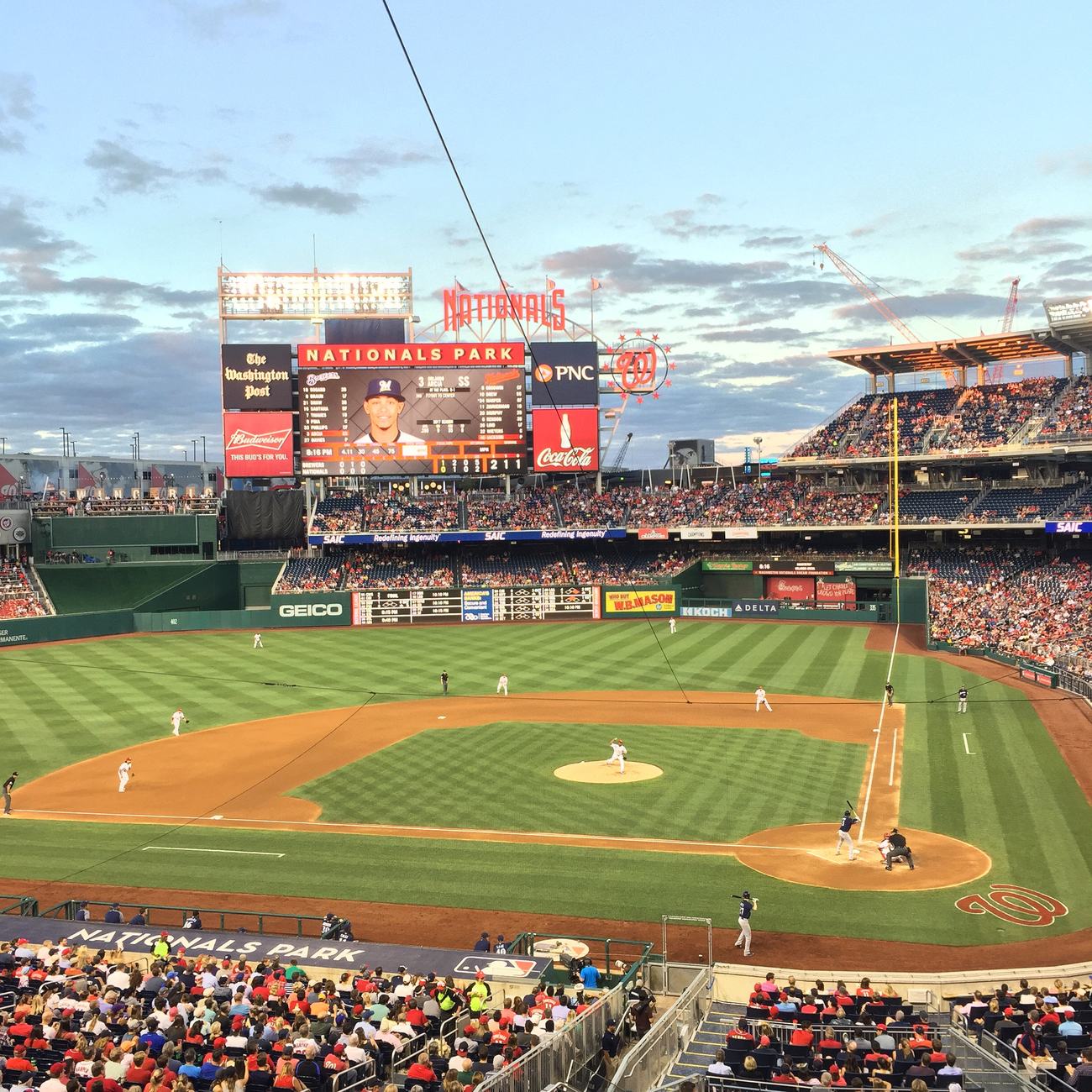 Nationals Park at dusk, view from behind home plate
